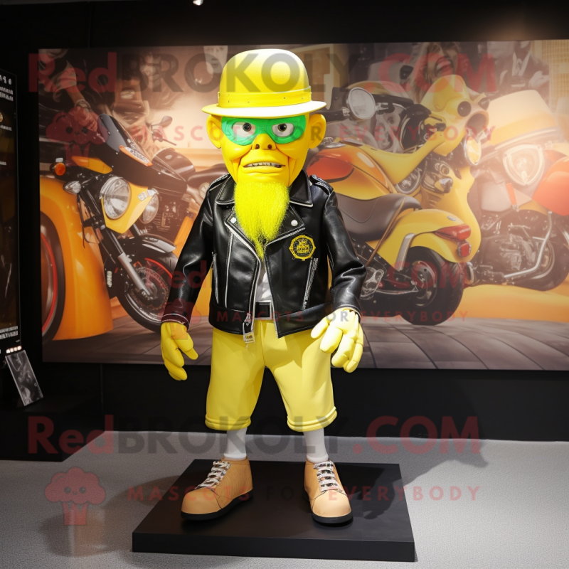 Lemon Yellow Leprechaun Hat mascot costume character dressed with a Biker Jacket and Cummerbunds
