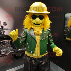 Lemon Yellow Leprechaun Hat mascot costume character dressed with a Biker Jacket and Cummerbunds