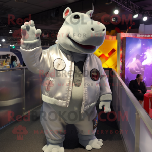 Silver Hippopotamus mascot costume character dressed with a Bomber Jacket and Suspenders