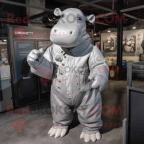 Silver Hippopotamus mascot costume character dressed with a Bomber Jacket and Suspenders