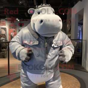 Silver Hippopotamus mascot costume character dressed with a Bomber Jacket and Suspenders