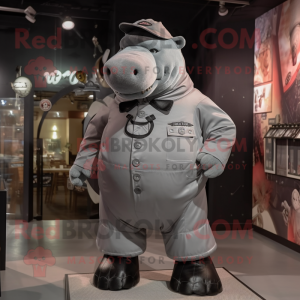 Silver Hippopotamus mascot costume character dressed with a Bomber Jacket and Suspenders