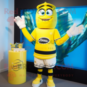Lemon Yellow Scented Candle mascot costume character dressed with a Rugby Shirt and Headbands