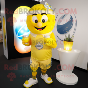 Lemon Yellow Scented Candle mascot costume character dressed with a Rugby Shirt and Headbands