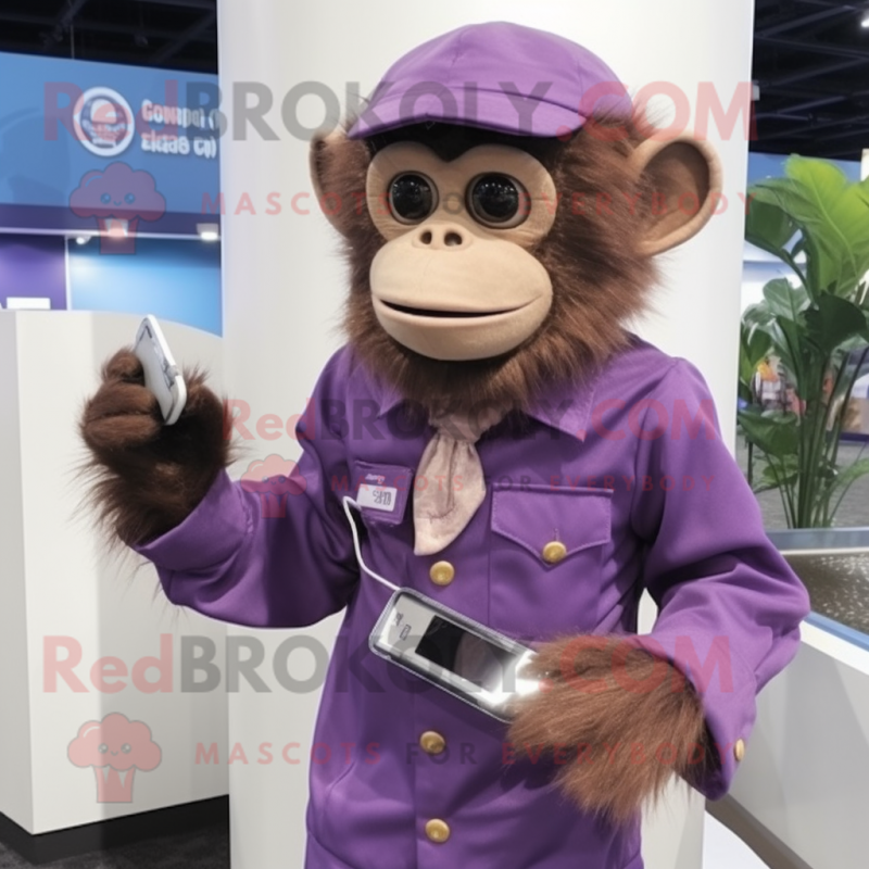 Purple Capuchin Monkey mascot costume character dressed with a Dress Shirt and Digital watches