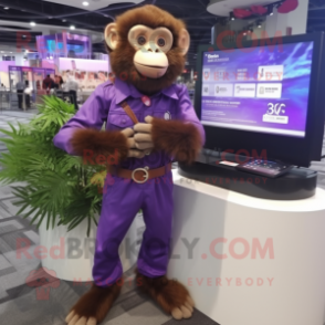 Purple Capuchin Monkey mascot costume character dressed with a Dress Shirt and Digital watches