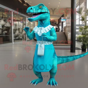 Turquoise Allosaurus mascot costume character dressed with a Empire Waist Dress and Clutch bags