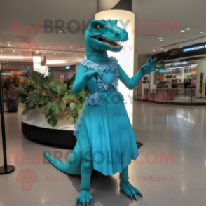 Turquoise Allosaurus mascot costume character dressed with a Empire Waist Dress and Clutch bags