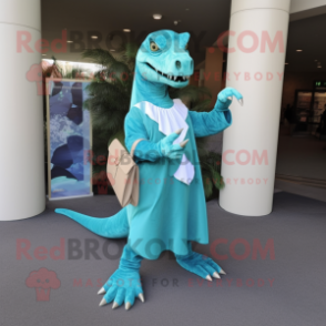 Turquoise Allosaurus mascot costume character dressed with a Empire Waist Dress and Clutch bags