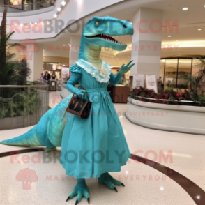 Turquoise Allosaurus mascot costume character dressed with a Empire Waist Dress and Clutch bags