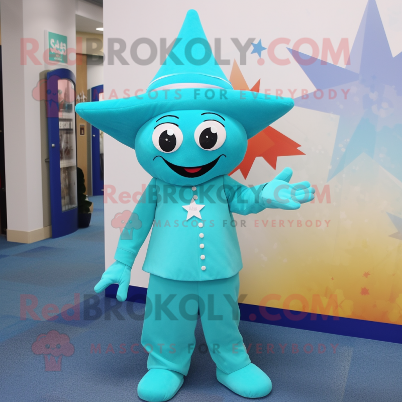 Cyan Starfish mascot costume character dressed with a Shift Dress and Hat pins