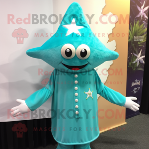 Cyan Starfish mascot costume character dressed with a Shift Dress and Hat pins