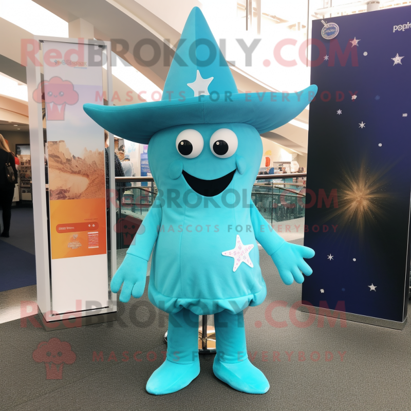 Cyan Starfish mascot costume character dressed with a Shift Dress and Hat pins