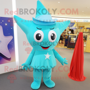 Cyan Starfish mascot costume character dressed with a Shift Dress and Hat pins