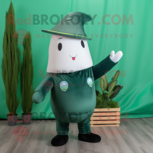 Forest Green Narwhal mascot costume character dressed with a Playsuit and Hat pins