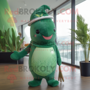 Forest Green Narwhal mascot costume character dressed with a Playsuit and Hat pins