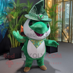 Forest Green Narwhal mascot costume character dressed with a Playsuit and Hat pins