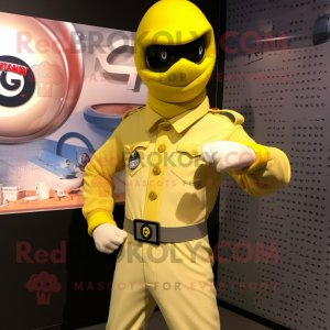 Lemon Yellow Gi Joe mascot costume character dressed with a Blouse and Lapel pins