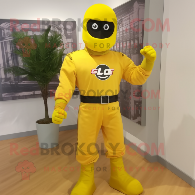 Lemon Yellow Gi Joe mascot costume character dressed with a Blouse and Lapel pins