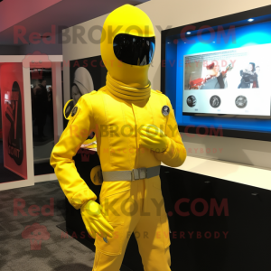 Lemon Yellow Gi Joe mascot costume character dressed with a Blouse and Lapel pins