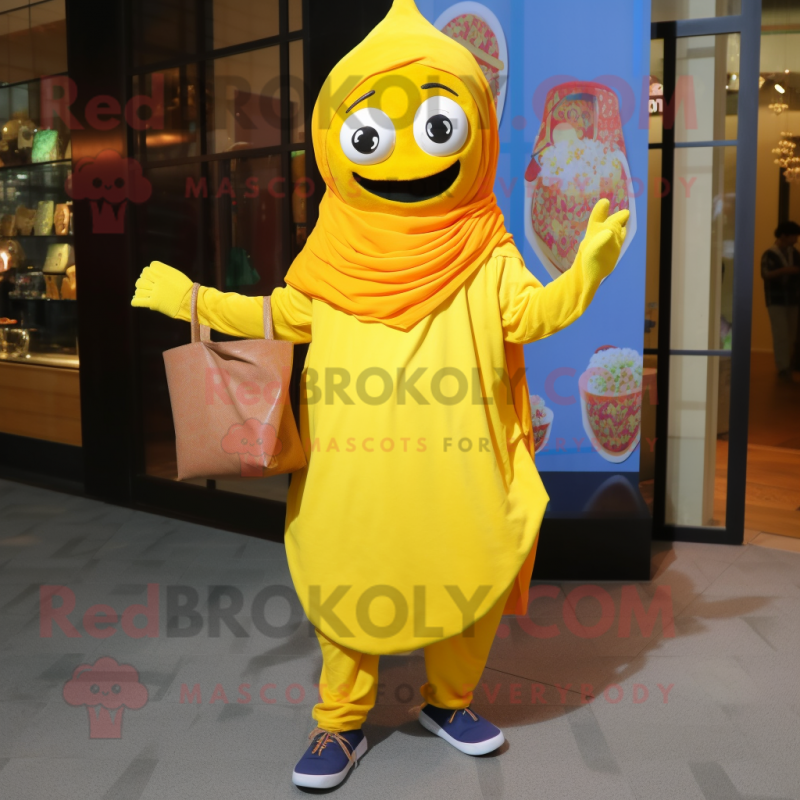 Yellow Biryani mascot costume character dressed with a Sweatshirt and Tote bags