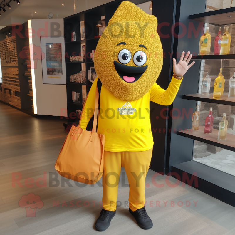 Yellow Biryani mascot costume character dressed with a Sweatshirt and Tote bags