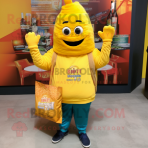 Yellow Biryani mascot costume character dressed with a Sweatshirt and Tote bags