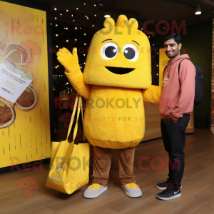 Yellow Biryani mascot costume character dressed with a Sweatshirt and Tote bags