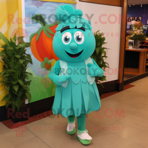 Teal Spinach mascot costume character dressed with a Culottes and Anklets