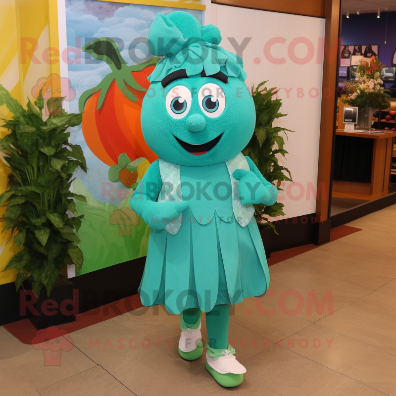 Teal Spinach mascot costume character dressed with a Culottes and Anklets