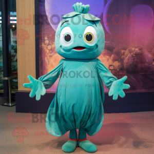 Teal Spinach mascot costume character dressed with a Culottes and Anklets