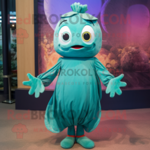 Teal Spinach mascot costume character dressed with a Culottes and Anklets