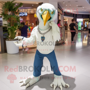 White Macaw mascot costume character dressed with a Skinny Jeans and Rings