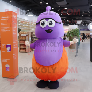 Purple Apricot mascot costume character dressed with a Maxi Skirt and Suspenders