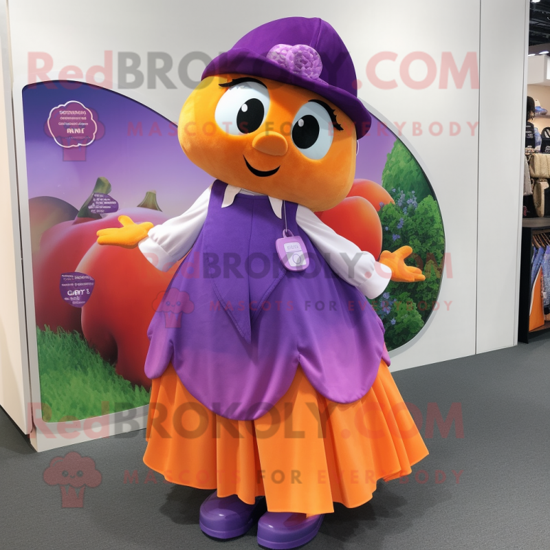 Purple Apricot mascot costume character dressed with a Maxi Skirt and Suspenders