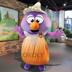 Purple Apricot mascot costume character dressed with a Maxi Skirt and Suspenders