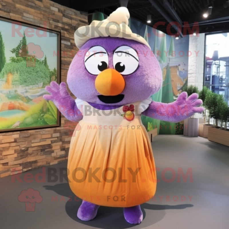 Purple Apricot mascot costume character dressed with a Maxi Skirt and Suspenders