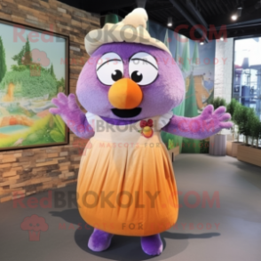 Purple Apricot mascot costume character dressed with a Maxi Skirt and Suspenders