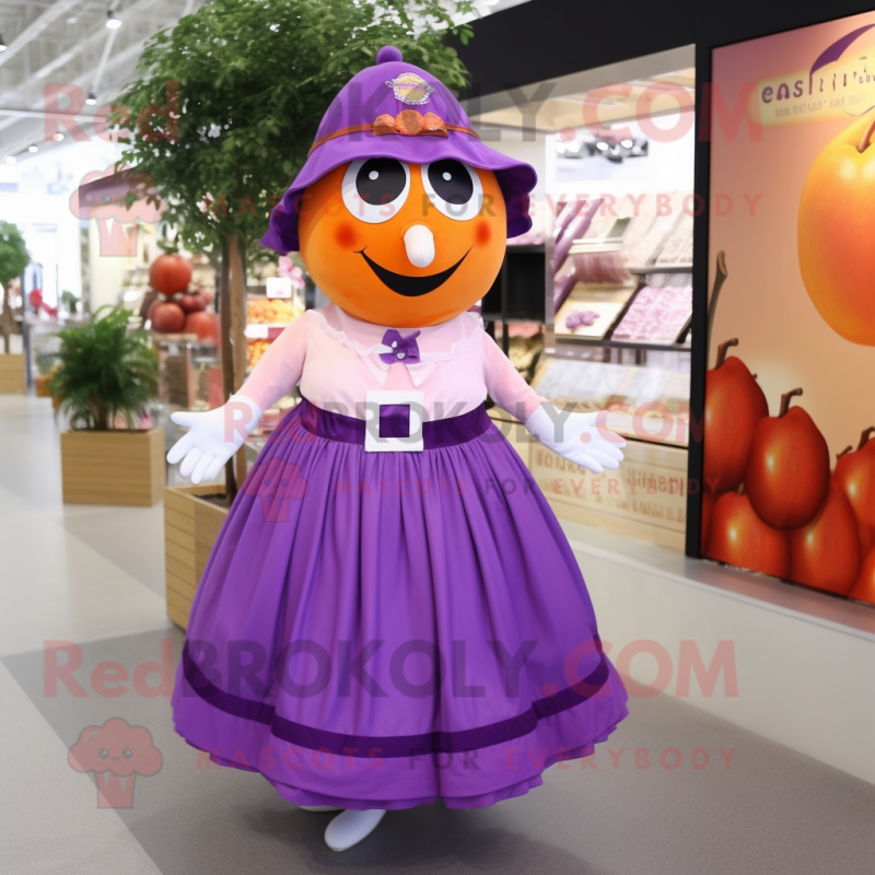 Purple Apricot mascot costume character dressed with a Maxi Skirt and Suspenders Purple Apricot mascot costume character dressed with a Maxi Skirt and Suspenders