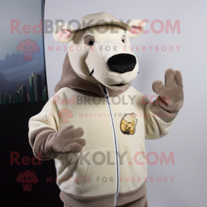 Beige Tapir mascot costume character dressed with a Sweatshirt and Gloves