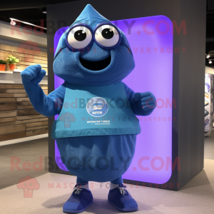 Blue Plum mascot costume character dressed with a Board Shorts and Digital watches