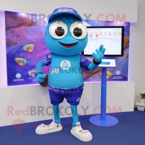 Blue Plum mascot costume character dressed with a Board Shorts and Digital watches