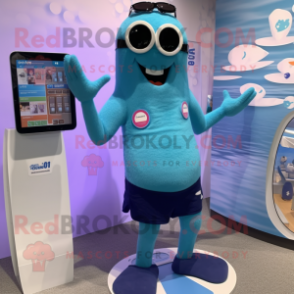 Blue Plum mascot costume character dressed with a Board Shorts and Digital watches