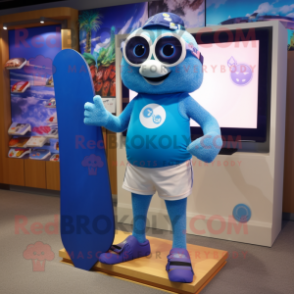 Blue Plum mascot costume character dressed with a Board Shorts and Digital watches