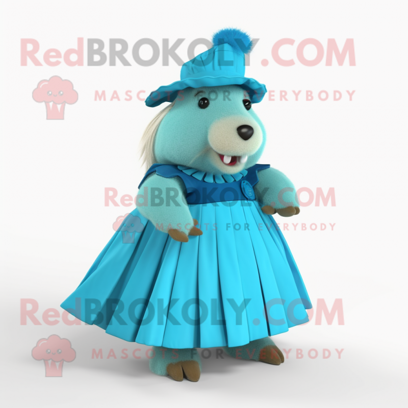 Cyan Capybara mascot costume character dressed with a Pleated Skirt and Berets