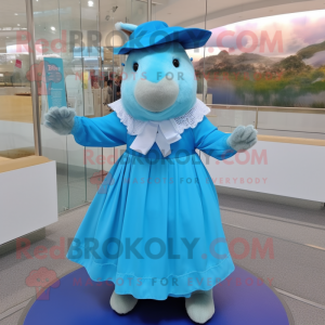 Cyan Capybara mascot costume character dressed with a Pleated Skirt and Berets