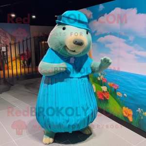 Cyan Capybara mascot costume character dressed with a Pleated Skirt and Berets