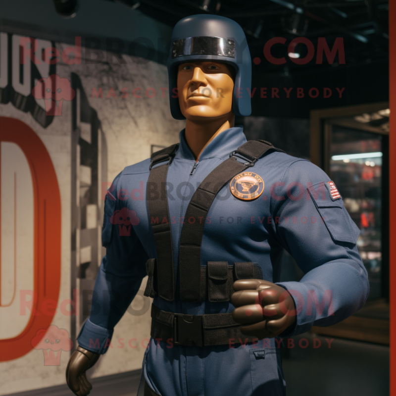 Navy Gi Joe mascot costume character dressed with a Graphic Tee and Suspenders Navy Gi Joe mascot costume character dressed with a Graphic Tee and Suspenders
