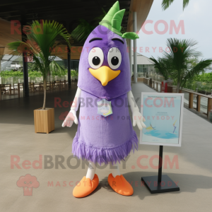 Lavender Mango mascot costume character dressed with a One-Piece Swimsuit and Scarf clips