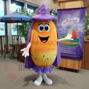 Lavender Mango mascot costume character dressed with a One-Piece Swimsuit and Scarf clips